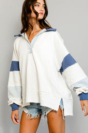 French Terry Knit Color-Block Collared Loose Fit Top