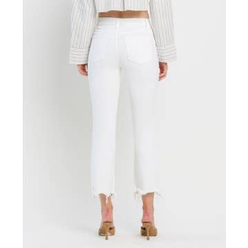 White High Rise Uneven Raw Hem Crop Flare Jeans