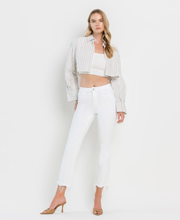 White High Rise Uneven Raw Hem Crop Flare Jeans