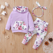 3pcs Baby Girl Floral Long-Sleeve Hoodie, Pants & Headband Set