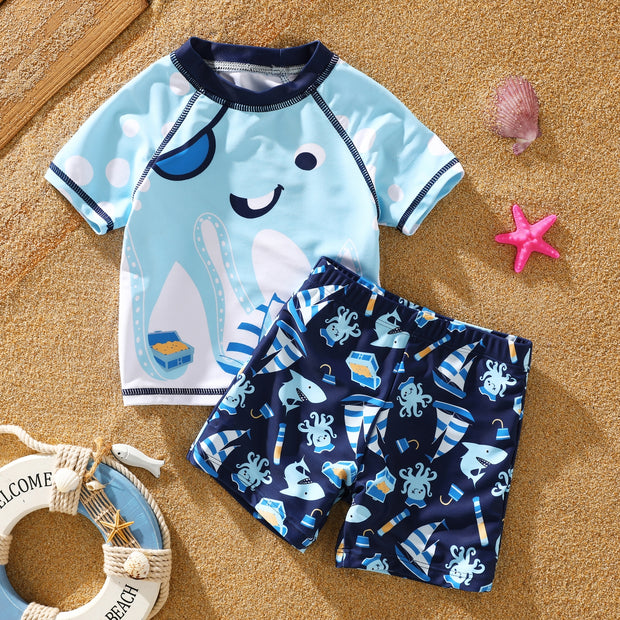 2pcs Toddler Boy Shark Print Tee & Ripped Denim Shorts Set