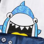 2pcs Toddler Boy Shark Print Tee & Ripped Denim Shorts Set