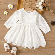 Baby Girl Solid White Hollow Out Long-Sleeve Dress