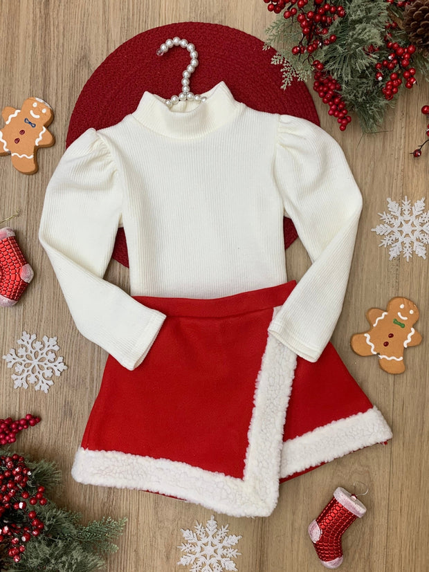 Ivory Turtleneck & Red Fur Trimmed Skort Set