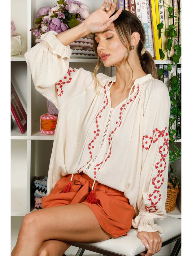 NB Katie  Tassel Floral Embroidered Blouse