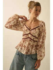 Floral Crepe Velvet-Trim Peasant Top NB