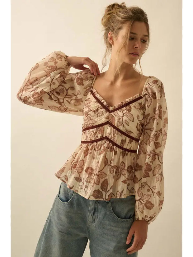 Floral Crepe Velvet-Trim Peasant Top NB