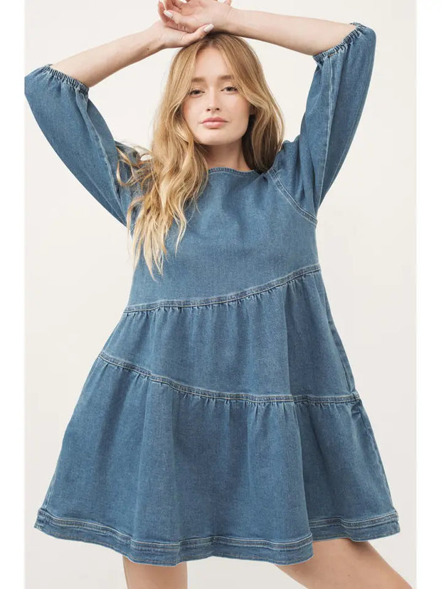 DENIM TIER DRESS WITH 3/4 SLEEVE