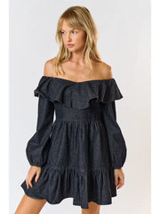 NB OFF THE SHOULDER  Denim BLACK DRESS