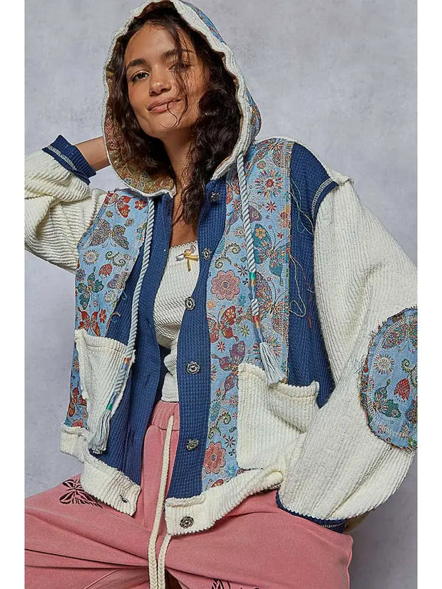 POL Floral Animal Print Contrast Color Block Quilted Jacket