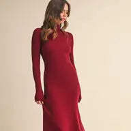 Mock Neck Rib Knit Flared long i Dress