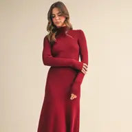 Mock Neck Rib Knit Flared long i Dress