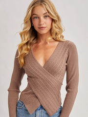 Sammy V-Neck Fixed-Wrap Knit Sweater Top