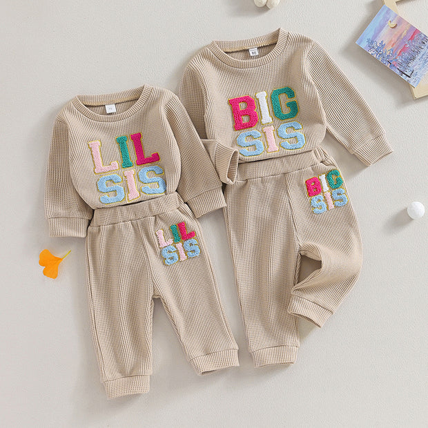 Girls Waffle Embroidery Sister Sweatshirt Pant 2pcs Set