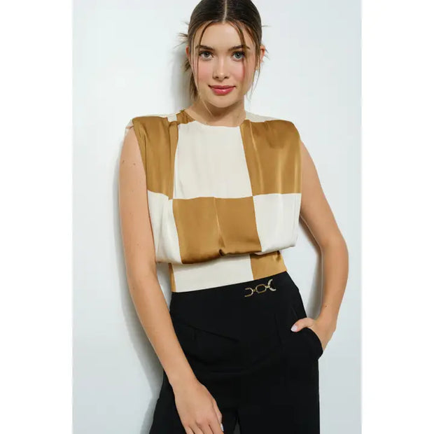 NB Sleeveless Satin Checkered Back-Tie Crop Top