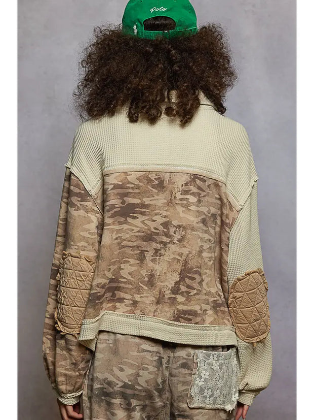 POL Floral Animal Print Contrast Color Block Quilted Jacket