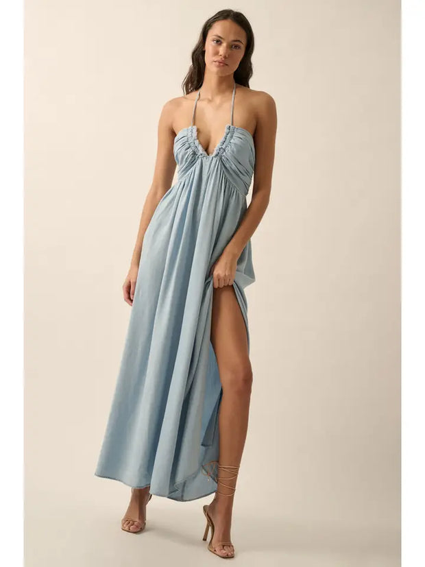 Halter Neck Denim Maxi Dress NB Small Halter Neck Denim Maxi Dress NB Small
