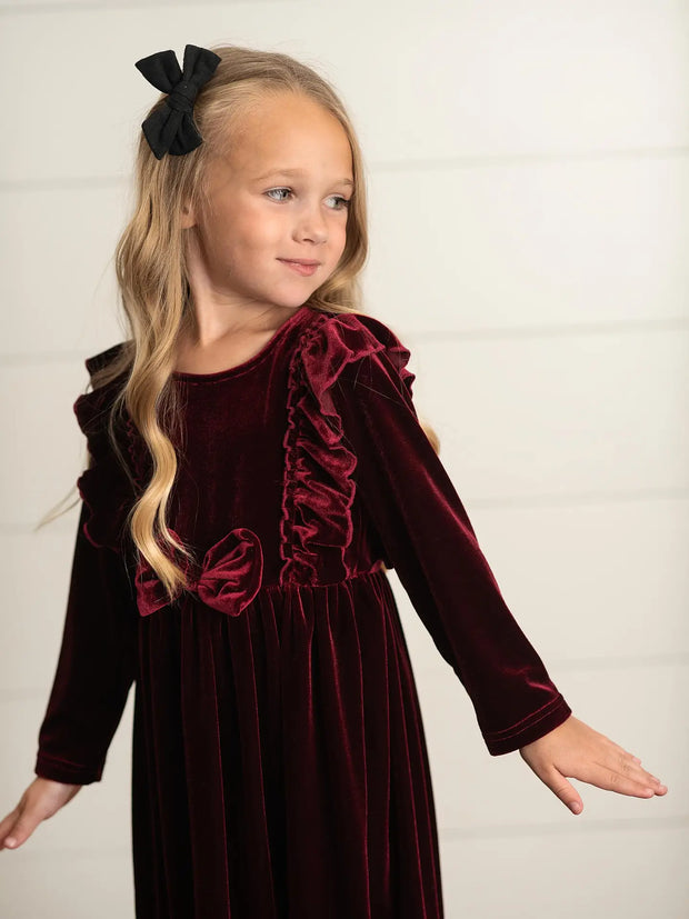 Kids Burgundy Wine Velvet Bow Ruffle party Dress