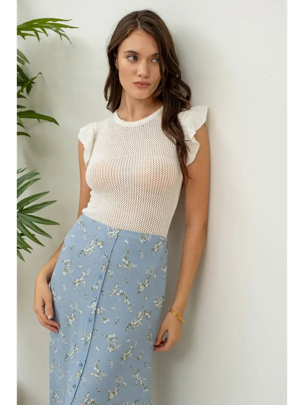Ruffle Sleeve Crochet Knit Top TGS
