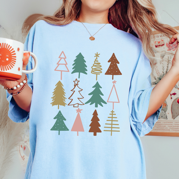 Over The Shop Pastel Trees Comfort Colors Holiday Tee