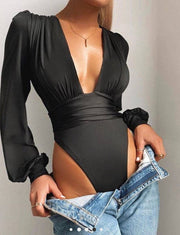 Ranee Sexy long-Sleeve Deep V Waist  Pleating Bodysuit