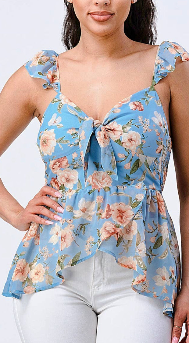 Sonia Floral Knot Sweetheart Ruffled Top