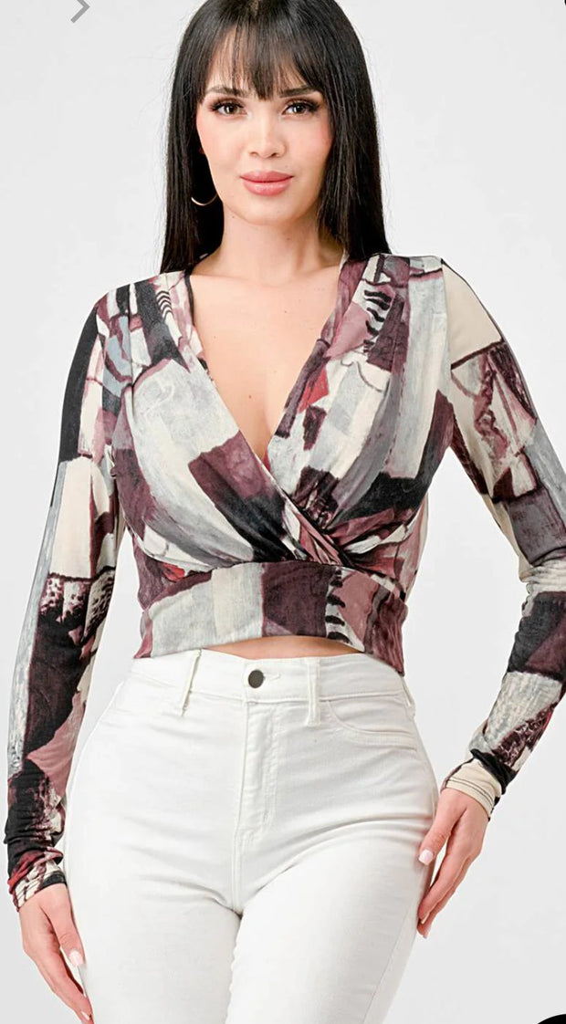 Naomi Luxe Abstract Print Wrap Cropped Blouse Top